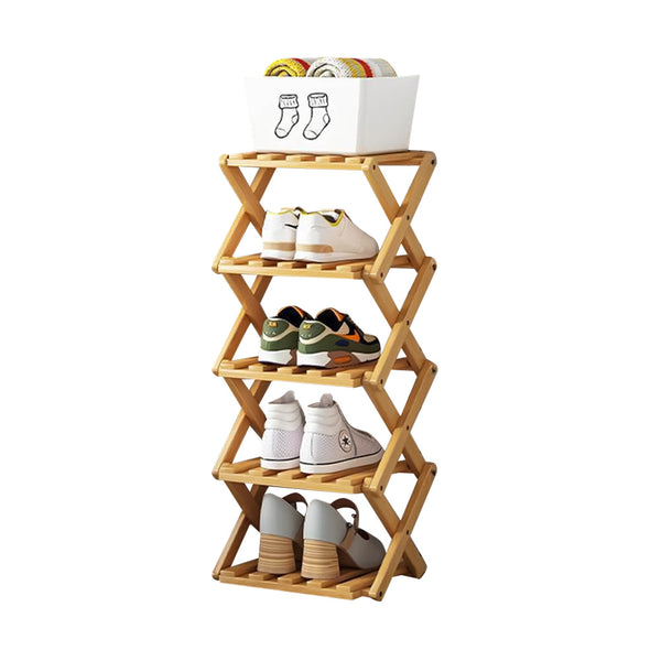4/5/6/7 Tiers Bamboo Wooden Shoe Rack, Vertical Shoe Racks Storage Shelves Tall Shoe Tower, Collapsible Narrow Shoe Stand, Installation Free Folding X-Shape Shoe Racks Sneakers Slippers Holder Organizer, Multi Functional Shoe Rack Durable Footwear Cabinet
