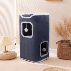 Large Cat Bed Cat House Cave & Tower Foldable Indoor 1/2/3 Layer with Hanging Toy Ball for Small Medium Pets, Large Cats Cube Bed Cave with Hideaway Condos