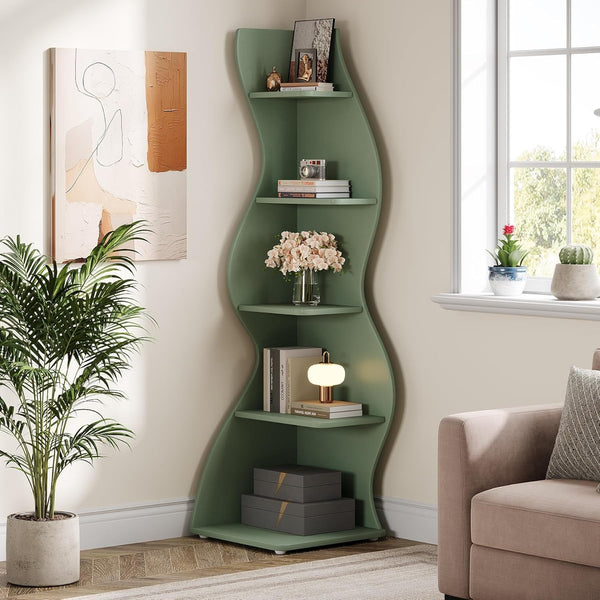 Wavy Office BookShelf, Modern 5-Tier Bookshelf Bookcase with Curvy Shape, Unique Plant Stand Display Rack for Living Room Small Space (Green)