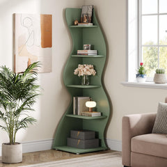 Wavy Office BookShelf, Modern 5-Tier Bookshelf Bookcase with Curvy Shape, Unique Plant Stand Display Rack for Living Room Small Space (Green)