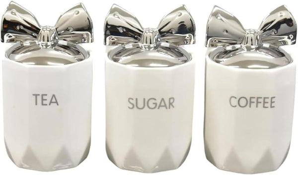 White Silver 3-Piece Marble Effect Ceramic Tea, Coffee & Sugar Canisters – 15x11cm Kitchen Storage Jars with Silver Bow Lid, Crystal Style Containers for Home Décor, Dining Table & Gift Set