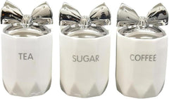 White Silver 3-Piece Marble Effect Ceramic Tea, Coffee & Sugar Canisters – 15x11cm Kitchen Storage Jars with Silver Bow Lid, Crystal Style Containers for Home Décor, Dining Table & Gift Set