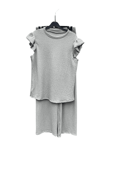 Women'S Textured Cheesecloth Frill Sleeve Top Trouser 2pcs Co Ord Loungewear Set