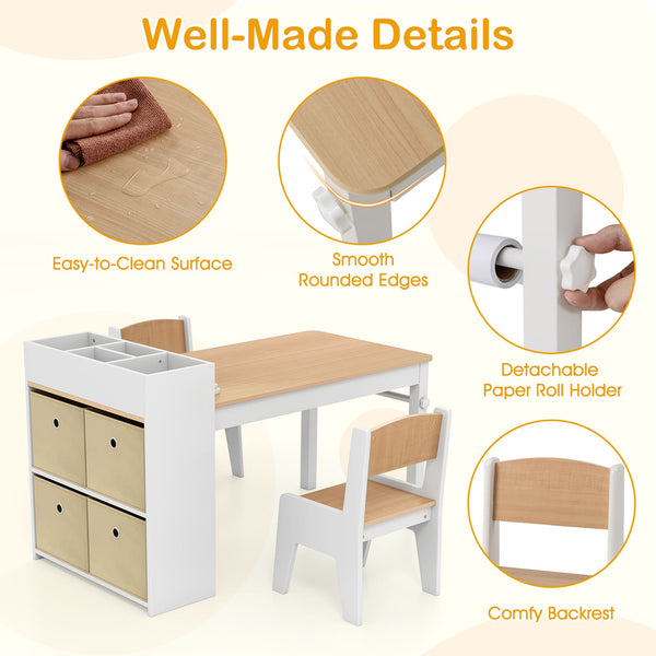 GYMAX Kids Art Table and Chair Set, Kids Craft and Play Table with Paper Roll, Storage Bins and 2 Chairs, Toddler Activity Table Desk Set for Drawing, Painting, Reading, Learning, Natural
