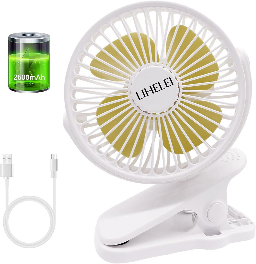 Portable USB Desk Fan - Rechargeable 2600Mah Stroller Fan with Powerful Airflow, Low Noise Clip-On Design for Pram, Camping, Home, Office, Travel_Black