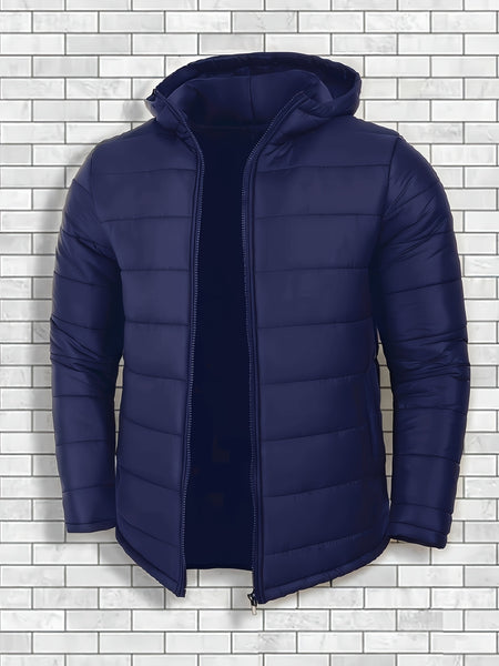 Men'S Outdoor Lightweight Thickened Hooded Windproof Quilted Solid Color Warm Coat