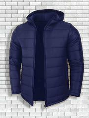 Men'S Outdoor Lightweight Thickened Hooded Windproof Quilted Solid Color Warm Coat