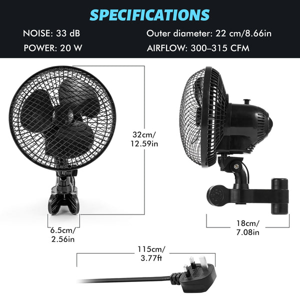 2pcs Plant Tent Clip-On Fan, Featuring a Newly Designed Long-Life EC Motor, Dual-Speed Adjustable Fan, 90° Rotation, 22Cm Diameter, Ideal for Hydroponic Systems And Circulation Cooling in Grow Rooms