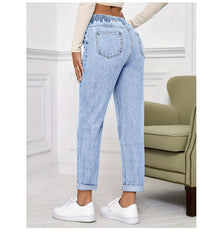 Ladies' 2026 New Stretch Elastic Drawstring Slim Cropped Jeans, Acid Wash Blue Cuff Straight Denim Trousers, Elegant Women's Clothing, Tapered Pantalones for All Seasons, Mom Pants with Pockets, High Waisted Tummy Control Travel Casual Pants