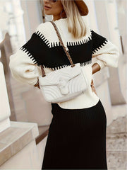 Chic Women's Ribbed Two-Piece Set: Color Block Sweater& Midi Skirt- Comfortable, Shaping Casual Wear for Fashion-Forward Ladies