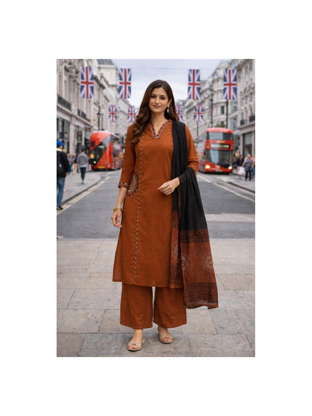 TeamWear* Womens Cotton Embroidered Neck and Dual Pockets Kurta Set with Palazzo and Contrast Dupatta