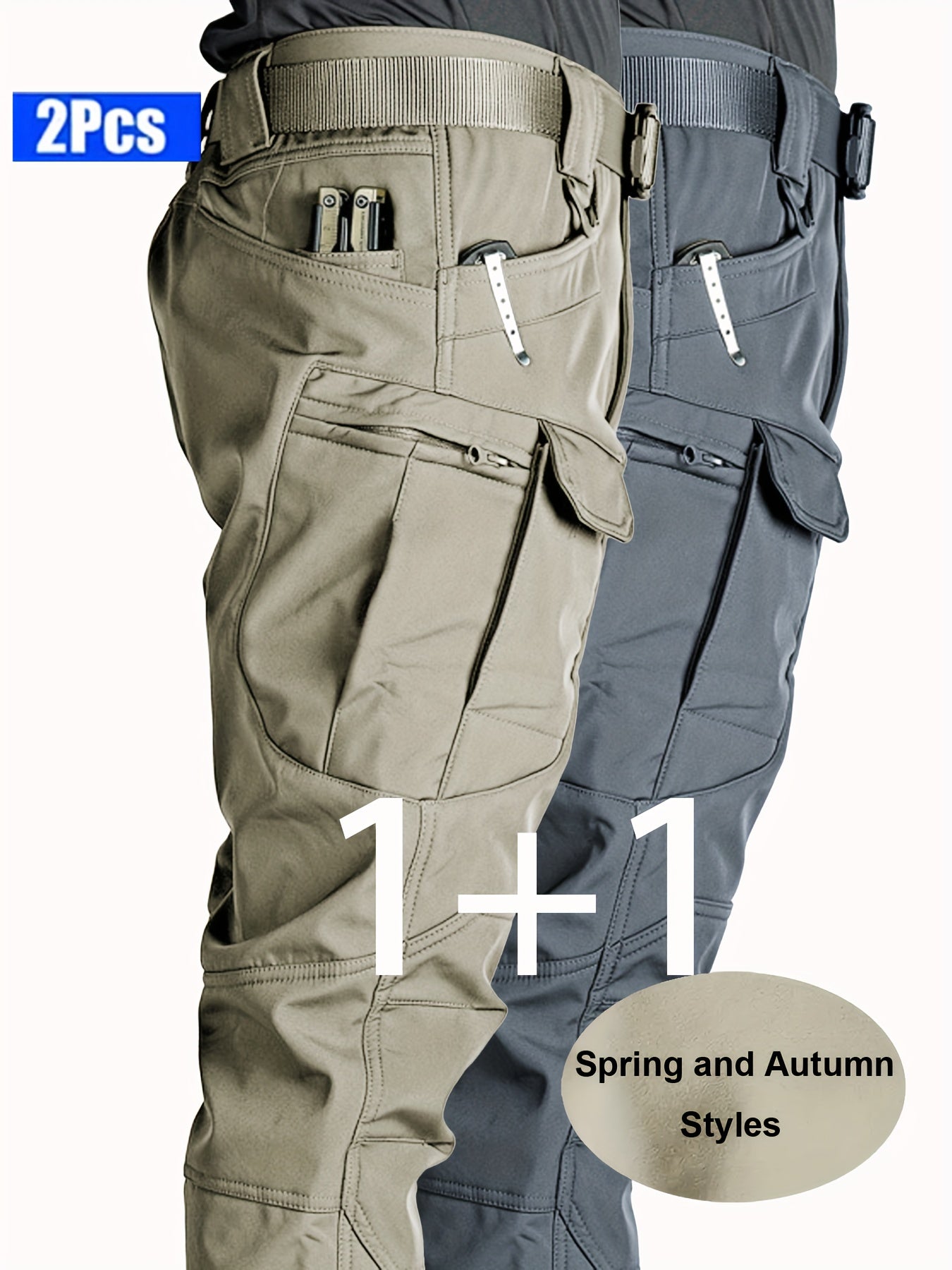 2pcs Men'S Tactical Cargo Pants, Multi-Pocket Casual Style, Elasticity Composite Fabric, Breathable, Suitable for Casual Outing, Hiking, Outdoor Sports, Worn by Middle-Aged And Elderly, Spring And Autumn Style (Belt Excluded)