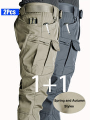2pcs Men'S Tactical Cargo Pants, Multi-Pocket Casual Style, Elasticity Composite Fabric, Breathable, Suitable for Casual Outing, Hiking, Outdoor Sports, Worn by Middle-Aged And Elderly, Spring And Autumn Style (Belt Excluded)
