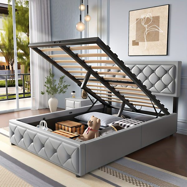 Upholstered Ottoman Bed/ 4 Drawer Storage Bed, 4ft6 Double Bed Frame with Storage & LED & USB, Gas Lift Up Storage Bed Hydraulic Upholstered Bed with Storage Headboard&Slats, Linen, No Mattress, Grey (Optional Purchase Of Mattress)