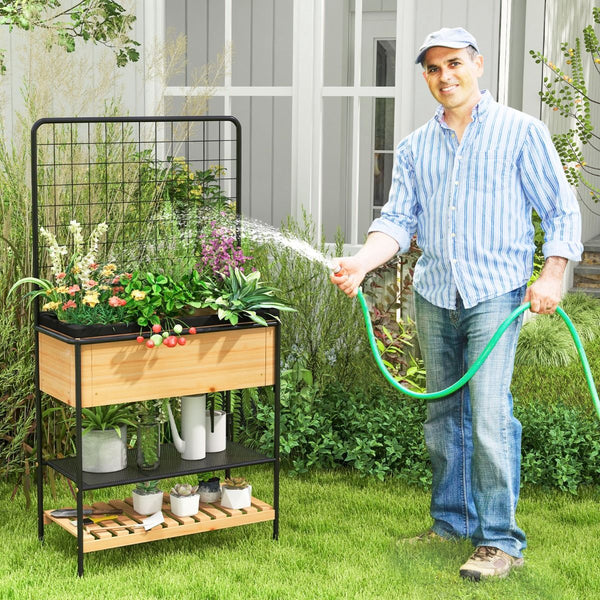 Raised Garden Bed with Trellis and 2-Tier Storage Shelves