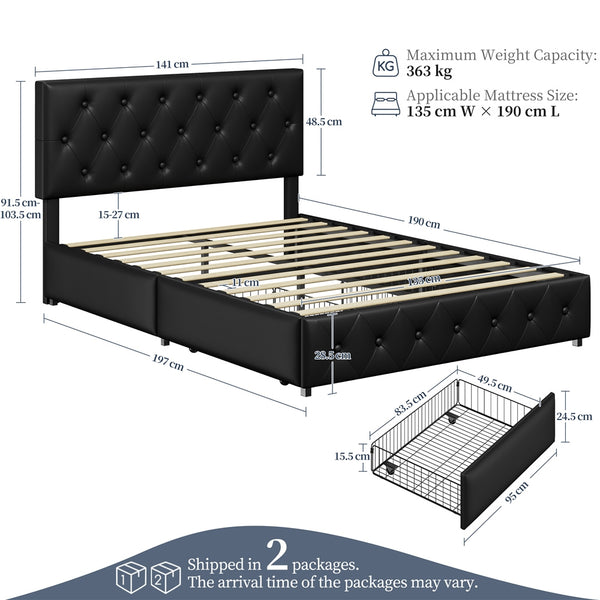 Costoffs Upholstered Bed Frame, Storage Bed Frame, Upholstered Bed Frame with Large Pull-Out Drawers Storage & Height-Adjustable Headboard, Button-tufted Upholstered Bed with Adjustable Headboard, Black