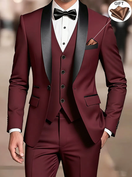 Men'S Suit Set, 3pcs Blazer, Vest And Trousers, Groomsman Business, Fashionable Elegant, Premium Men, Suitable for Wedding, Business, Party (With Pocket Square)