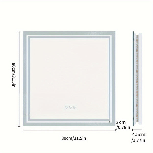 Square LED Bathroom Mirror Measuring 800X800Mm, Featuring Illuminated Backlighting, Wall Mounting, an Anti-Fog Demister, a Smart Touch Button, And Dimmable Settings for Makeup Application