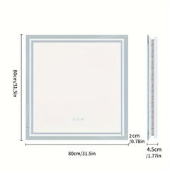 Square LED Bathroom Mirror Measuring 800X800Mm, Featuring Illuminated Backlighting, Wall Mounting, an Anti-Fog Demister, a Smart Touch Button, And Dimmable Settings for Makeup Application