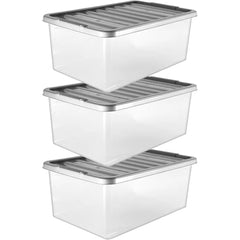 3 x Underbed Storage Containers 32 Litre Large Big Plastic Clear Boxes With Silver Lids Strong