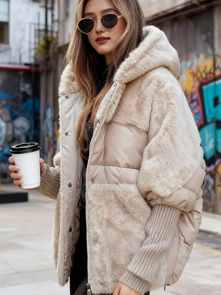 Women's Relaxed-fit New Patchwork Coat with Hooded Design, Dropped Shoulders, Plush Fabric, and Concealed Front Zip Fastening. Ideal for Winter Leisure Wear, Street Style Outfits, and Everyday Outings.