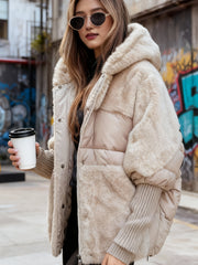 Women's Relaxed-fit New Patchwork Coat with Hooded Design, Dropped Shoulders, Plush Fabric, and Concealed Front Zip Fastening. Ideal for Winter Leisure Wear, Street Style Outfits, and Everyday Outings.