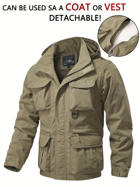 Detachable Windbreaker Hooded Jacket, Men's Casual Multi Pocket Cargo Jacket Vest for Outdoor Activities