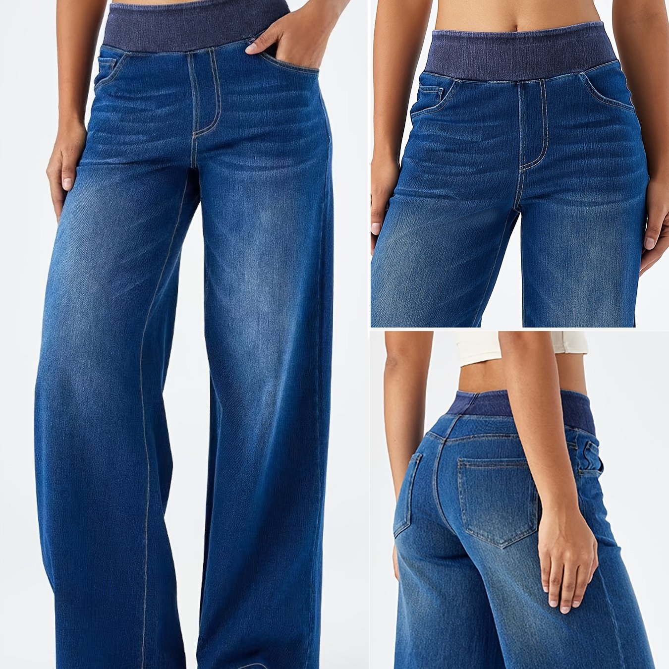 Women's High-Waisted Stretch Wide-Leg Jeans - Elastic Waist Denim Pants with Water-Washed Texture