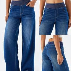 Women's High-Waisted Stretch Wide-Leg Jeans - Elastic Waist Denim Pants with Water-Washed Texture