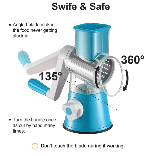Rotary Vegetable Shredder 3 in 1 Rotary Cheese Grater Round Vegetable Mandoline Blades Handheld Fruit Vegetable Slicer Shredder for Fruit Nut and Vegetable Grate Green