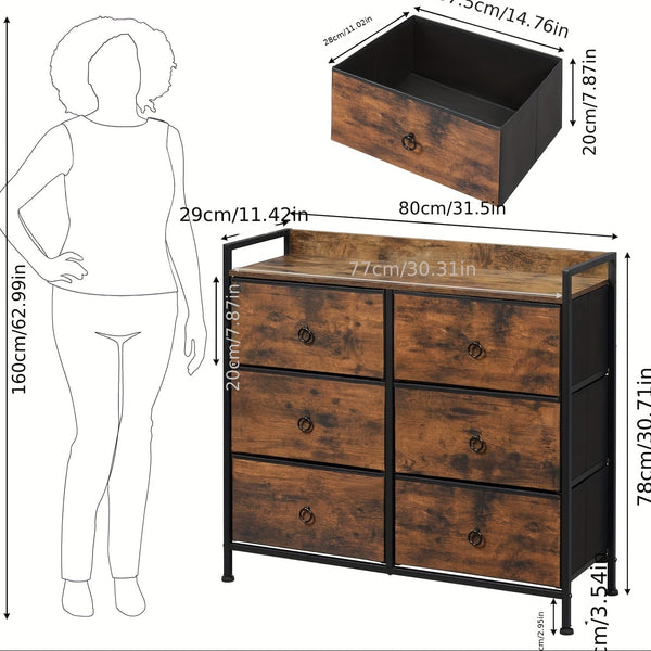 1pc Chest of Drawers, Cabinet with 6 Fabric Drawers, Storage Cabinet Sideboard for Bedroom Living Room Hallway, Metal Frame, Industrial Style