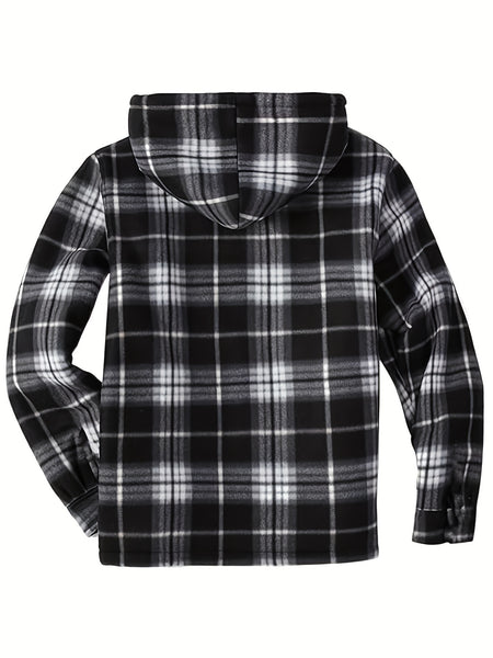 Men's Full-Zip Winter Sports Plaid Hoodie with Sherpa Lining, Warm Hooded Jacket