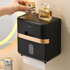 Hole-Free Wall-Mounted Tissue Box for Bathrooms, Waterproof Bathroom Storage Rack, Kitchen Paper Holder, Toilet Roll Holder, Dual-Purpose Tissue/Roll Dispenser, Multi-Functional Tissue Storage Rack, Compact Design, Black, Suitable for Bathrooms, Kitchens,