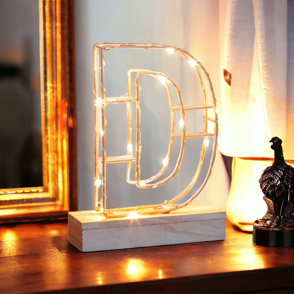 Light Up Letter | LED Alphabet Wire Frame Letter Lights | Rose Gold Copper Initials | Personalised Lighting | Battery Powered | For The Office Living Room Bedroom | Gift For Her