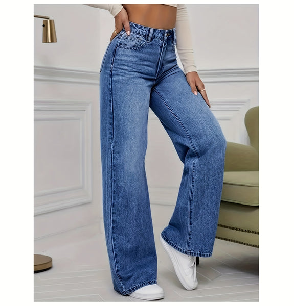Women'S 2026 Autumn Winter New Stretch Straight-Leg Jeans, High-Waisted Loose Fit Jeans. Washed Blue Denim Trousers with Pockets, Tummy Control Comfort Pants, Elegant Ladies' Outfit, Wide Leg Casual Pants Suitable for Work, Travel And Office Wear