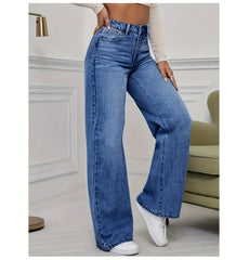 Women'S 2026 Autumn Winter New Stretch Straight-Leg Jeans, High-Waisted Loose Fit Jeans. Washed Blue Denim Trousers with Pockets, Tummy Control Comfort Pants, Elegant Ladies' Outfit, Wide Leg Casual Pants Suitable for Work, Travel And Office Wear