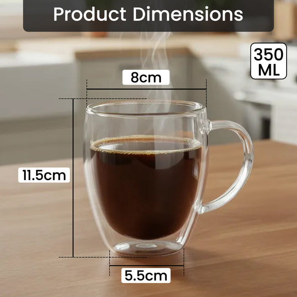 4pcs Double Walled Mugs with Handles 350ml Coffee Borosilicate Glasses Insulated Latte Cups Temperature Heat Resistant for Hot or Cold Drinks Cafe & Tea Glassware Stylish Drinkware for Cappuccino, Latte, Espresso, Tea, Juice, Pack of 4 (Clear)