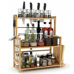 3 Tier Wooden Spice Rack Knife Holder Kitchen Organiser Shelf Stand Adjustable