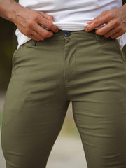 Heyfanee Men's Slim-Fit Elastic Waist Trousers - Khaki Low-Rise Casual Pants with Button Closure & Pockets, All-Season Machine Washable for Daily Wear, Durable Fabric