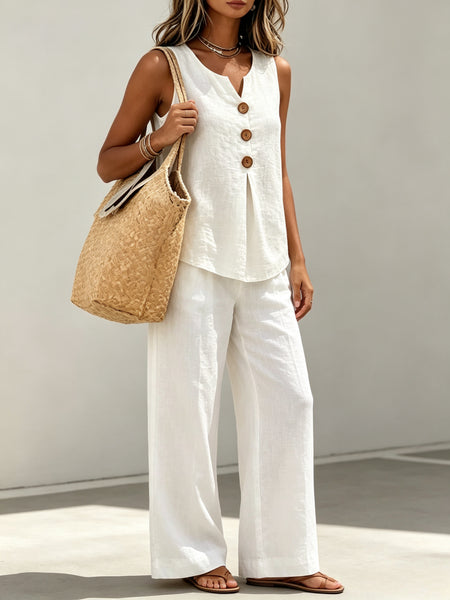Spring Summer Women's Matching 2pcs Sets, V-Neck Sleeveless Button Top & Flowy Wide Leg Pants, Casual Resort Style Loungewear, Perfect for Summer Holiday, Staycation & Casual Outings, Holiday Essential