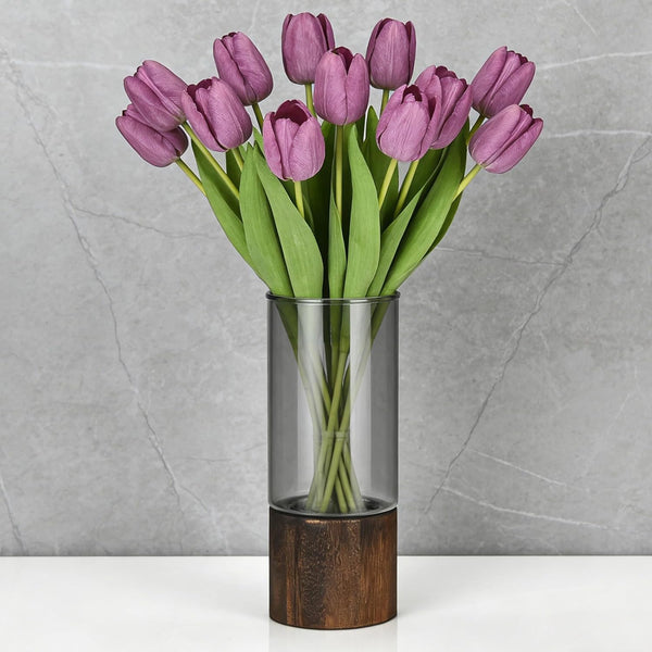 3pcs Glass Vase for Flowers - 25cm Tall Cylindrical Vase with Wooden Base Clear Large Flower Vases Boho Rustic Style Vases Modern Minimalist Ornaments for Pampas Grass Dried Flowers Wedding Home Decor