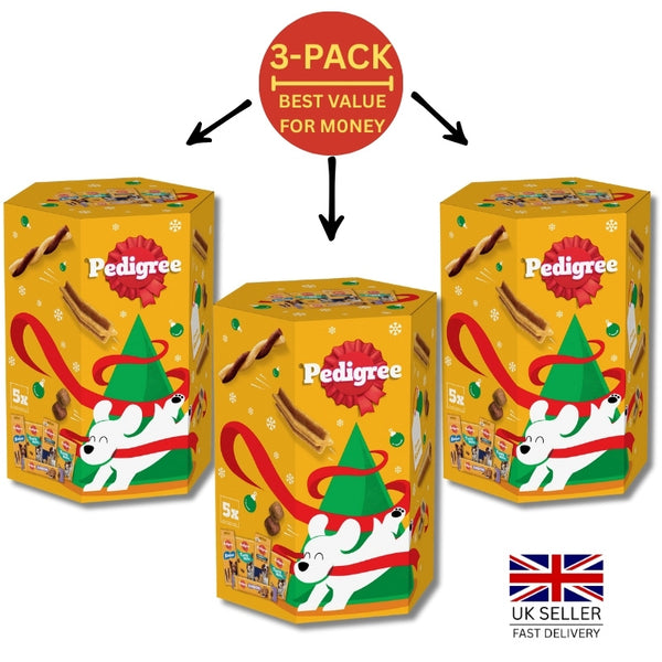 Pedigree Christmas Dog Gift Box 575g | Single OR 3-Pack Bundle | Premium Festive Dog Treats & Delicious Chews Variety Set | Bright Yellow, Red & Green Seasonal Packaging | Perfect for Christmas or Holiday Gifts & Pet Stocking Stuffers | Limited Edition Ca