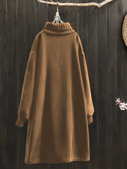 Women'S Elegant Corduroy Dress - Long Sleeve Turtleneck Loose Fit Winter Warm Dress with Pockets, Solid Color (Navy/) - Cozy Fall/Winter