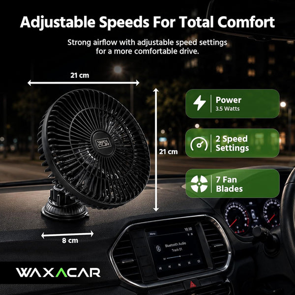 Waxacar Portable Car Fan, 12V USB Vehicle Cooling Fan with Adjustable 360° Rotation, Quiet Powerful Airflow for Car Dashboard, Rear Seat & Travel