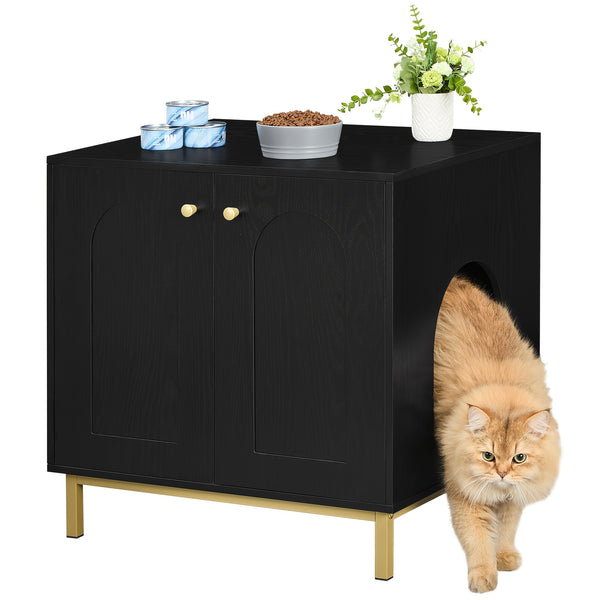 Feline Storage Unit, Cat Waste Container, Feline Waste Storage, Pet Shelter with Entrance, Wooden Side Table for Pet Shelter, 50 X 60 X 61 Cm, Durable Feline Storage Unit, Black And Golden