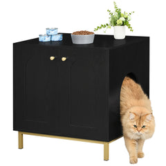 Feline Storage Unit, Cat Waste Container, Feline Waste Storage, Pet Shelter with Entrance, Wooden Side Table for Pet Shelter, 50 X 60 X 61 Cm, Durable Feline Storage Unit, Black And Golden