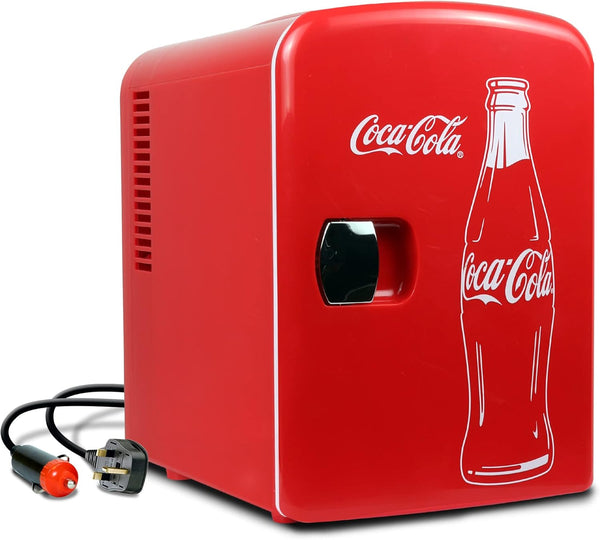 Coca Cola Classic Mini Fridge - Refrigerator for Bedroom Skincare Office, Portable Table Top Beverage Cooler, 12V DC/220V AC Refrigerador for Drinks, Soda, Wine, Use in Car, Dorm, Patio, 6 Can