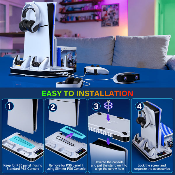 For Ps5/Slim/Pro Cooling Station Stand with Dual Controller Charging Station for Playstation 5 Console, for PS5 Additions Incl. Controller Charger, Cooling Fan, Headset Holder, 3 USB Hub