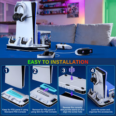 For Ps5/Slim/Pro Cooling Station Stand with Dual Controller Charging Station for Playstation 5 Console, for PS5 Additions Incl. Controller Charger, Cooling Fan, Headset Holder, 3 USB Hub