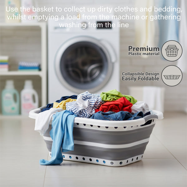 Large 37L Foldable Laundry Basket – Collapsible Clothes Hamper with Non-Slip Handles, Curved Space-Saving Design, Durable Plastic Laundry Storage for Home & Bathroom
